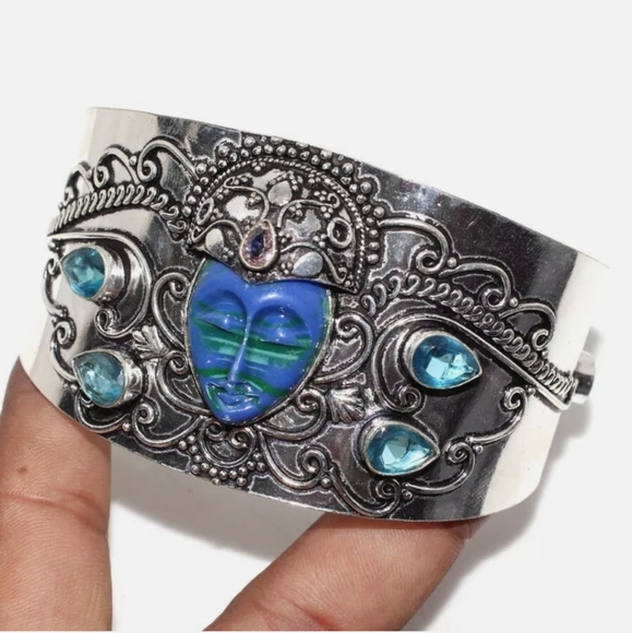 New Carved Goddess Blue Quartz & Pink Topaz 925 Silver Cuff Bracelet. - Picture 10 of 10